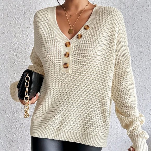 Apricot Casual Womens Half Button Drop Shoulder Waffle Knit Sweater - Picture 3 of 7